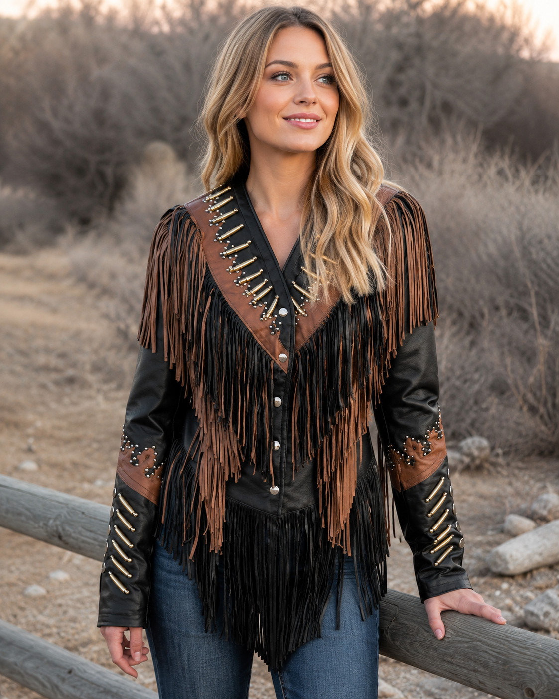 Women Native American Western Leather Jacket Lamb Fringe Beaded Cowboy Coat #11A