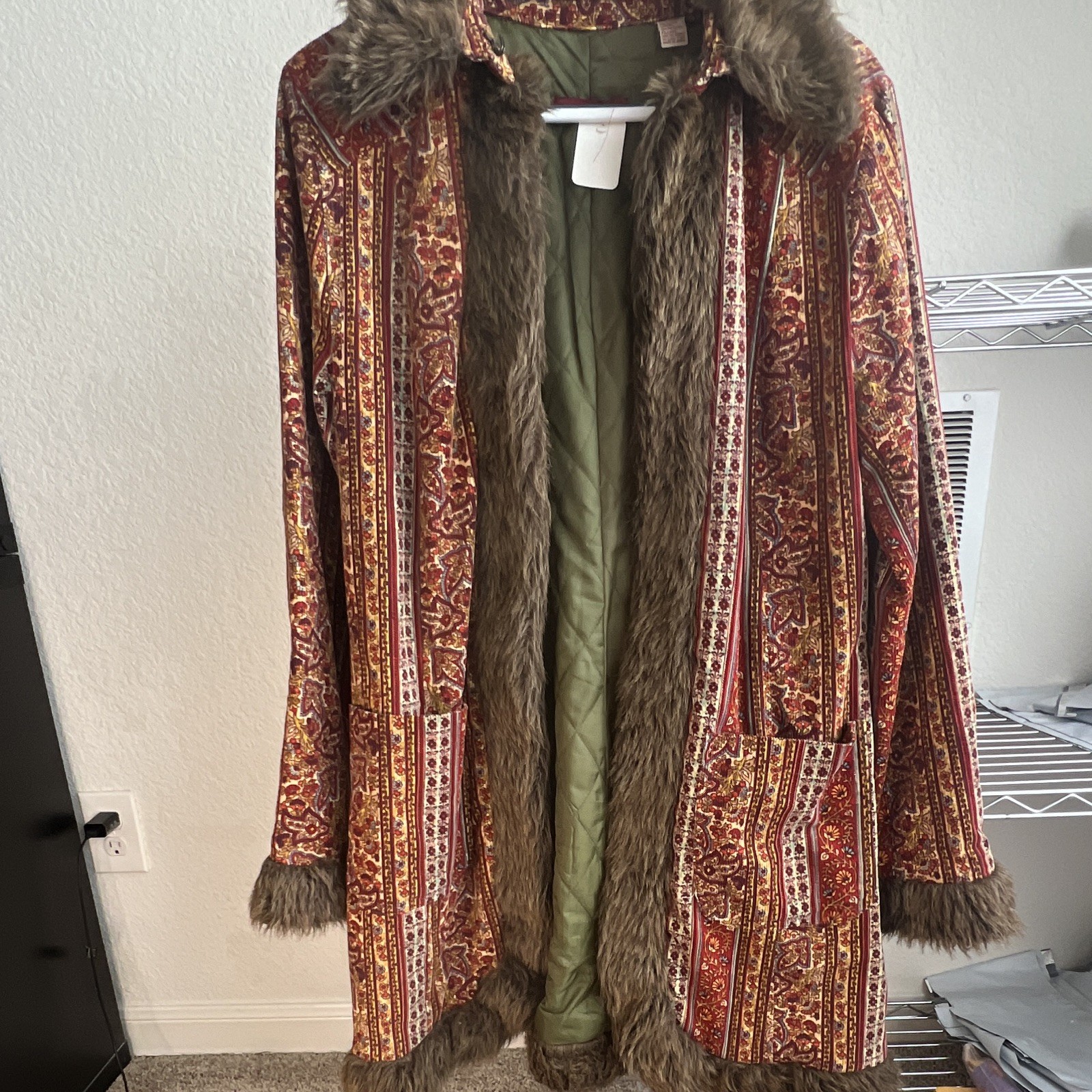 ZARA TRF Women’s Multicolor Paisley Coat Fur Trim Lined Button Front Size L