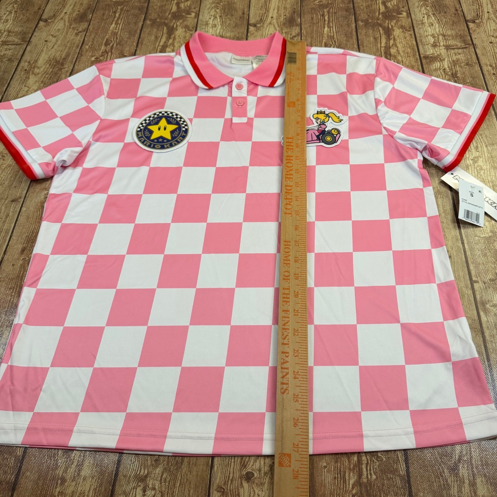 Nintendo Mario Kart Princess Peach Polo Shirt Mens Small Pink Checkered Patch