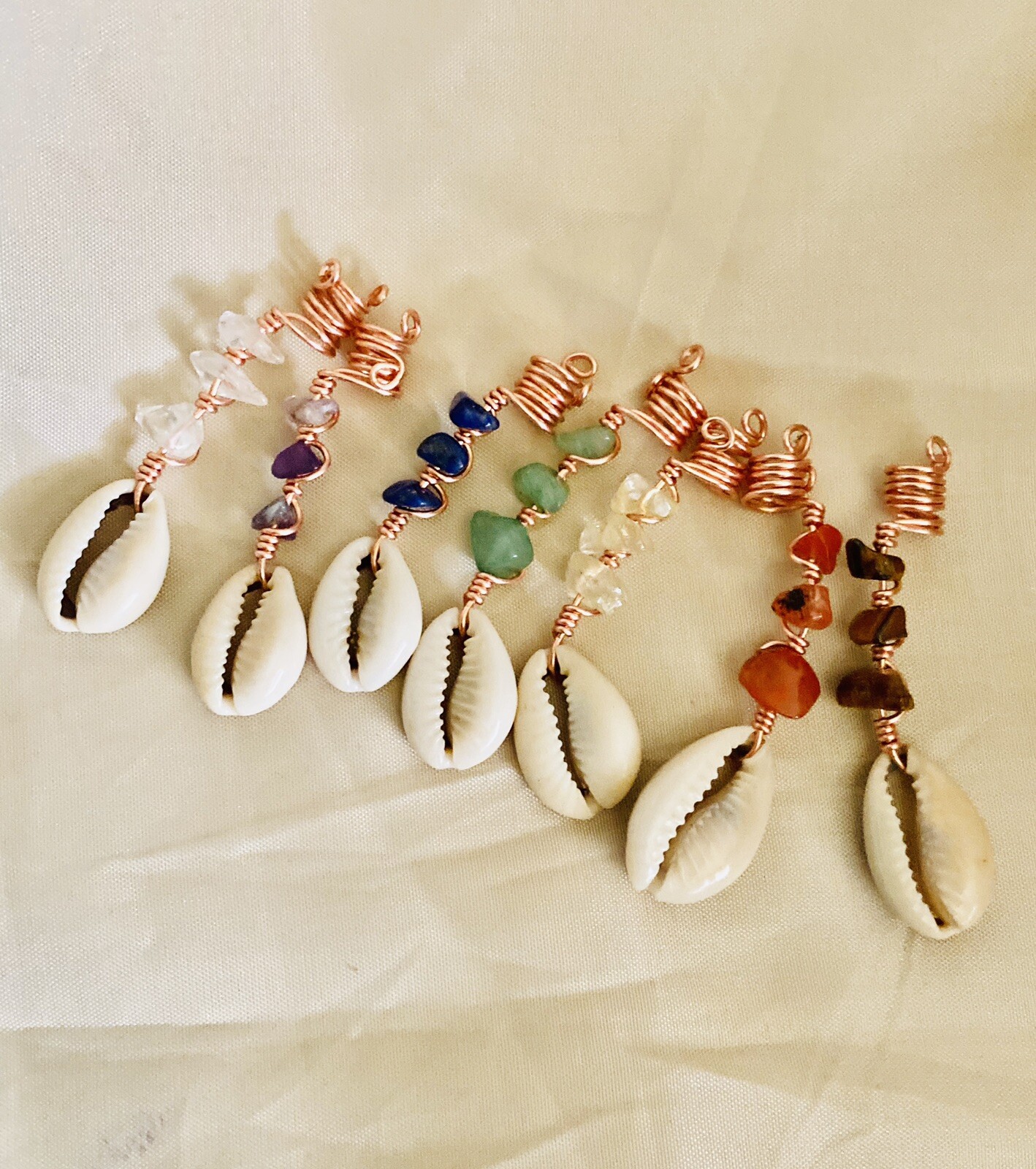 Hair Jewelry For Braids, Locs & Twist|Handmade|7 Chakra Stone & Shell Set (7pcs)