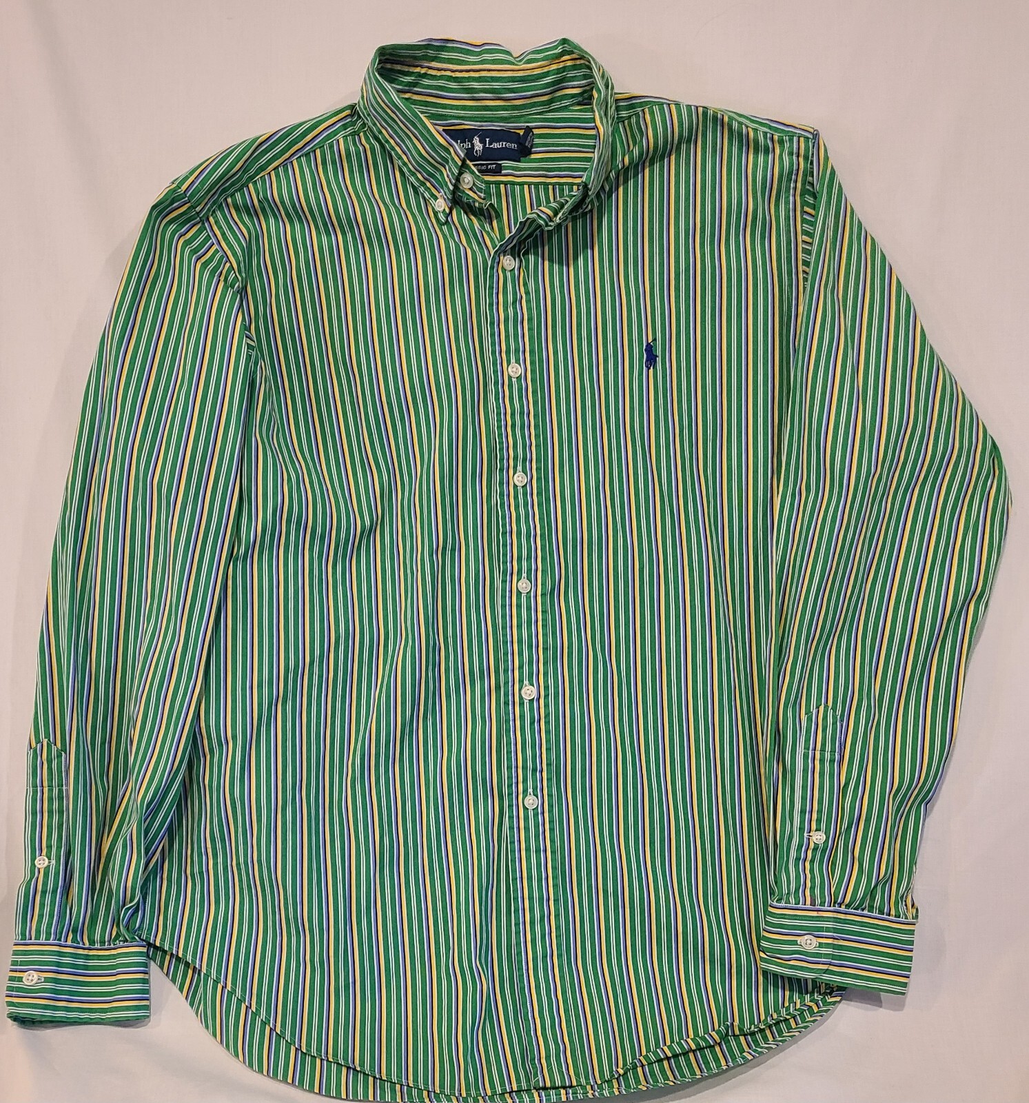 Vintage Ralph Lauren Shirt Mens XL Green Striped Custom Fit Button Down Casual