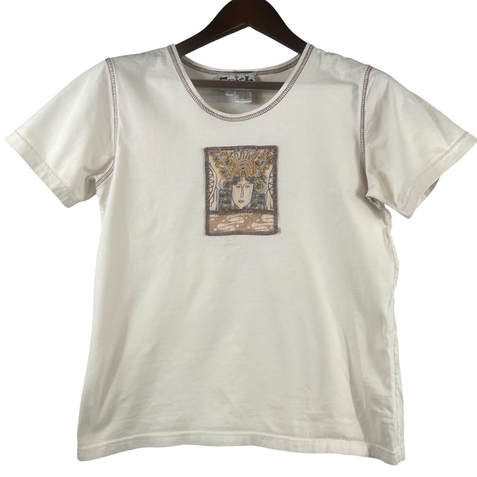 Womens S Beige Beaded Embroidered Folk Art Goddess Face Patch Boho Cotton TShirt