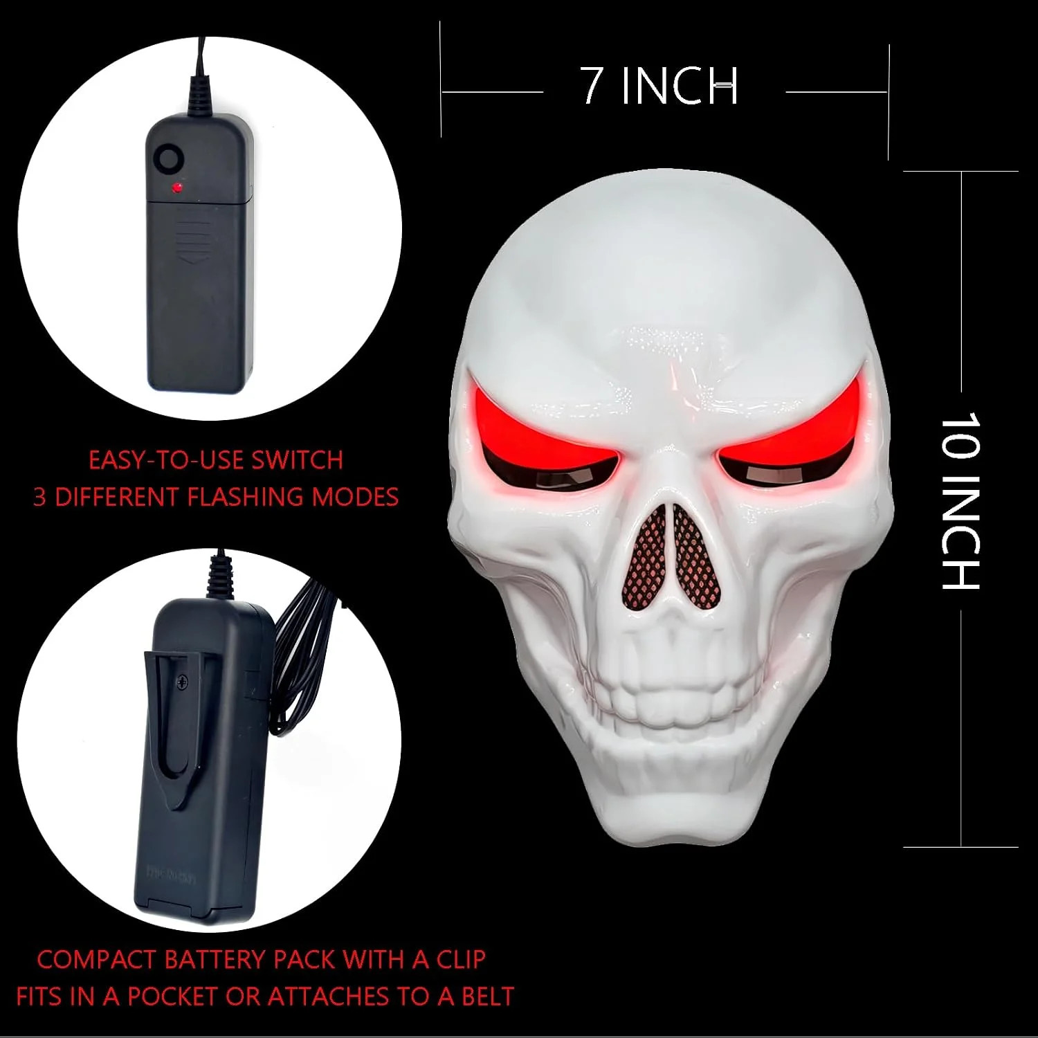 LED Skeleton Mask with Glowing Red Eyes, Halloween Costume for Adult Scary | 3 L