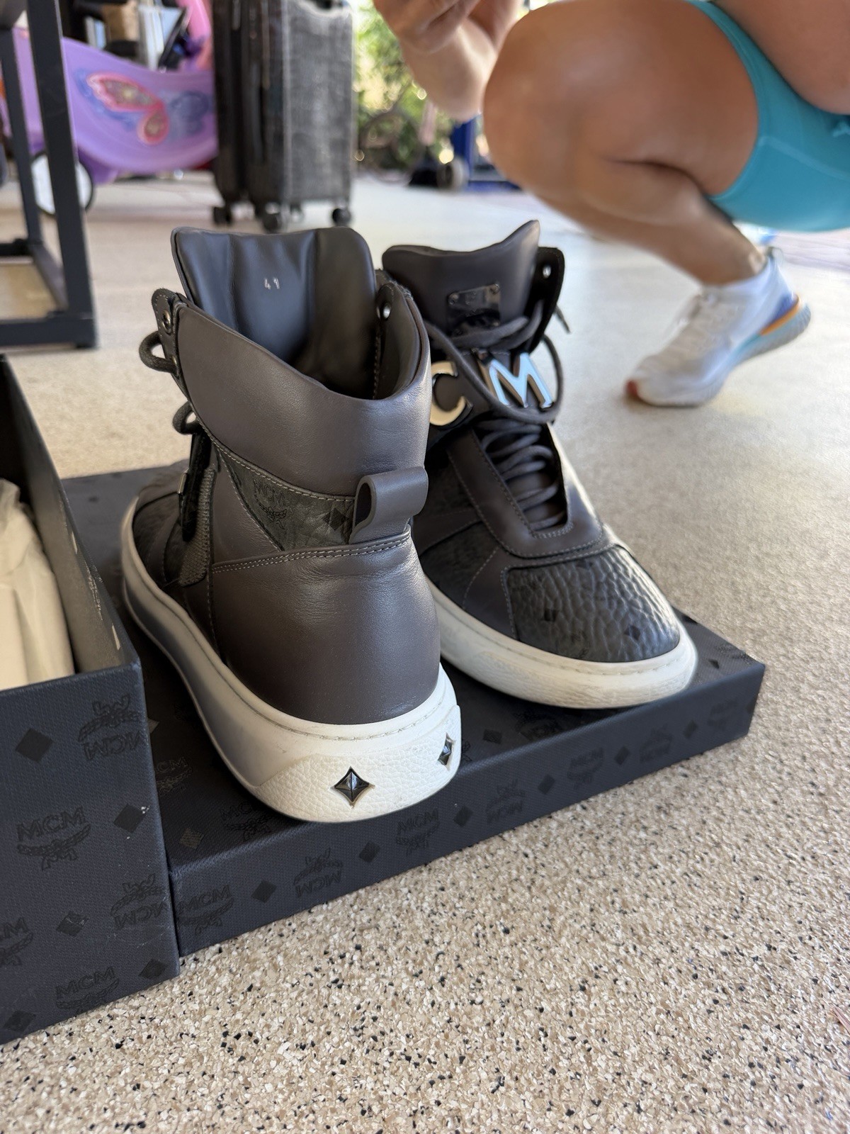 MCM Men’s High Top GRAY Leather Lace-Up Sneakers Black/White Logo Pattern