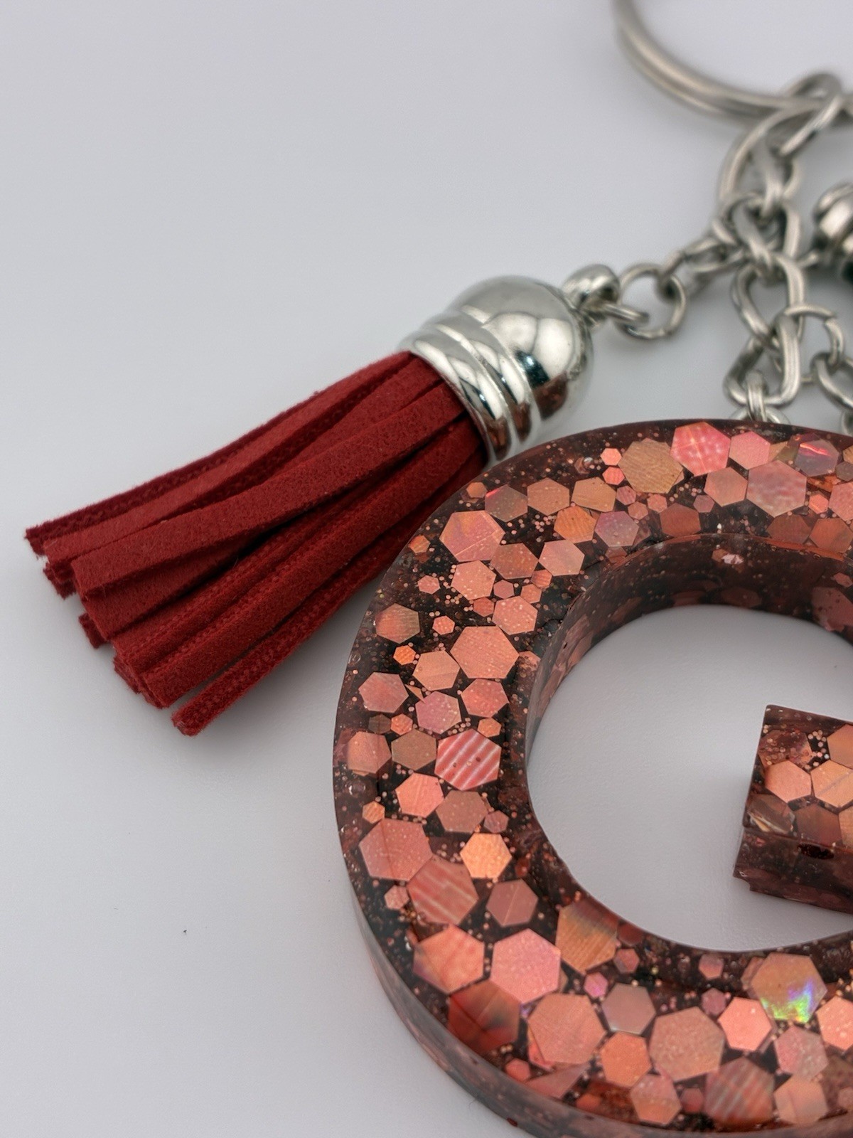 Handmade Epoxy Resin Letter G Keychain Rose Gold Glitter Heart Tassel New