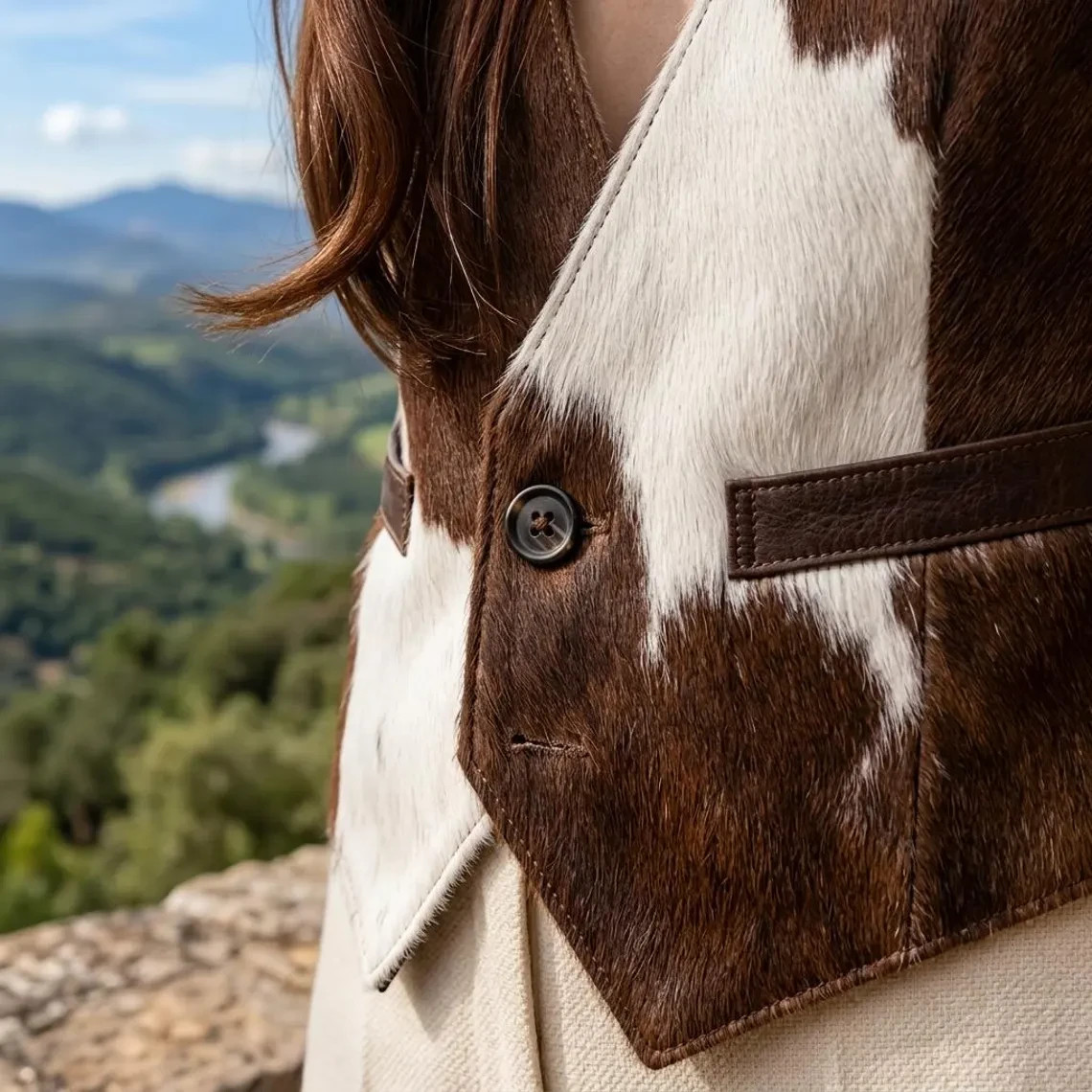 Brown White Hair-On Cowhide Vest Women Western Belted Waistcoat Handmade Baho