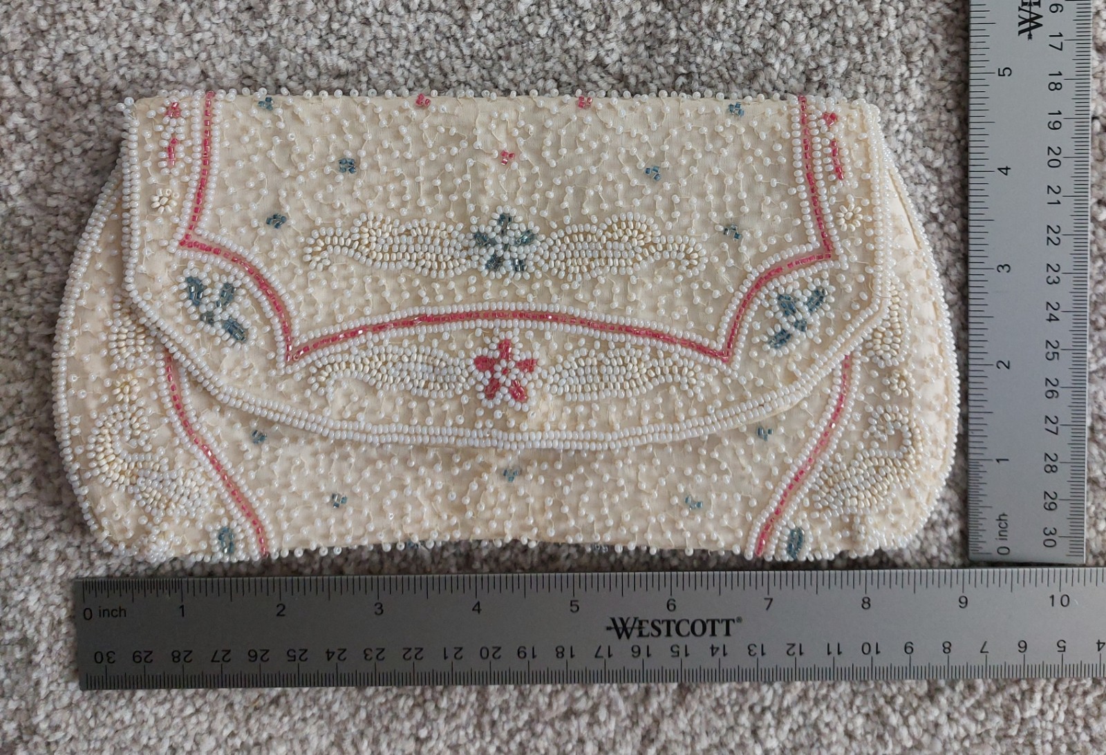 Vtg. Walborg Hand Beaded Clutch Purse Ivory Pink Blue Floral Made in W. Germany