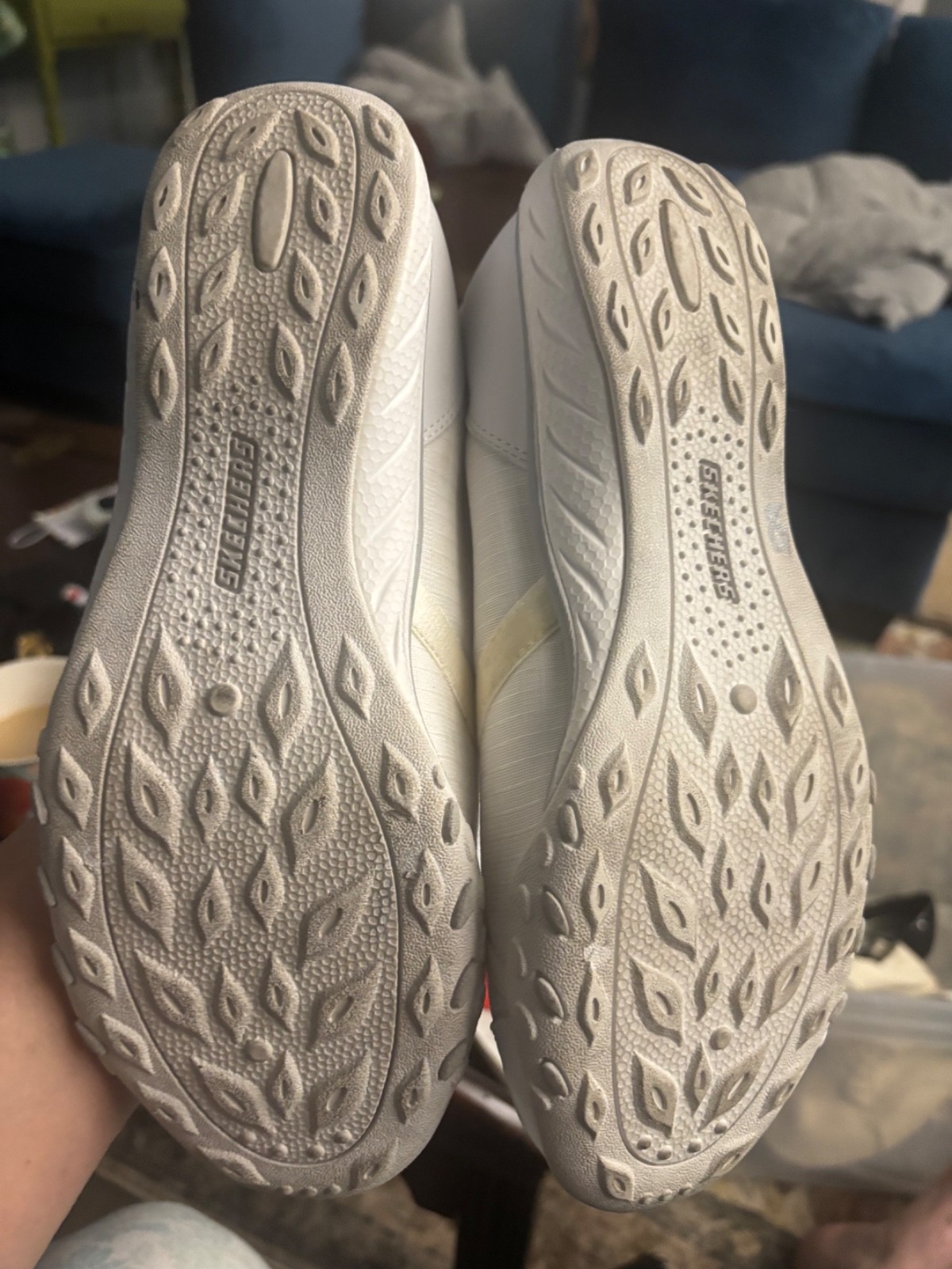 White Skechers slide on memory foam