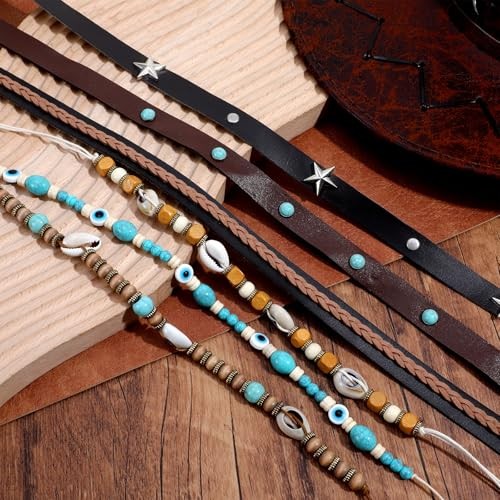 TIESOME 6Pcs Ethnic Western Cowboy Hat Bands, Leather Cowgirl Turquoise