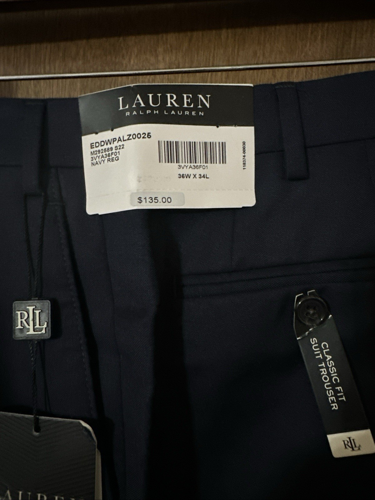 NWT Ralph Lauren Navy Reg. Classic Fit Suit Trouser Men Pants Slacks 36×34 L#EB5
