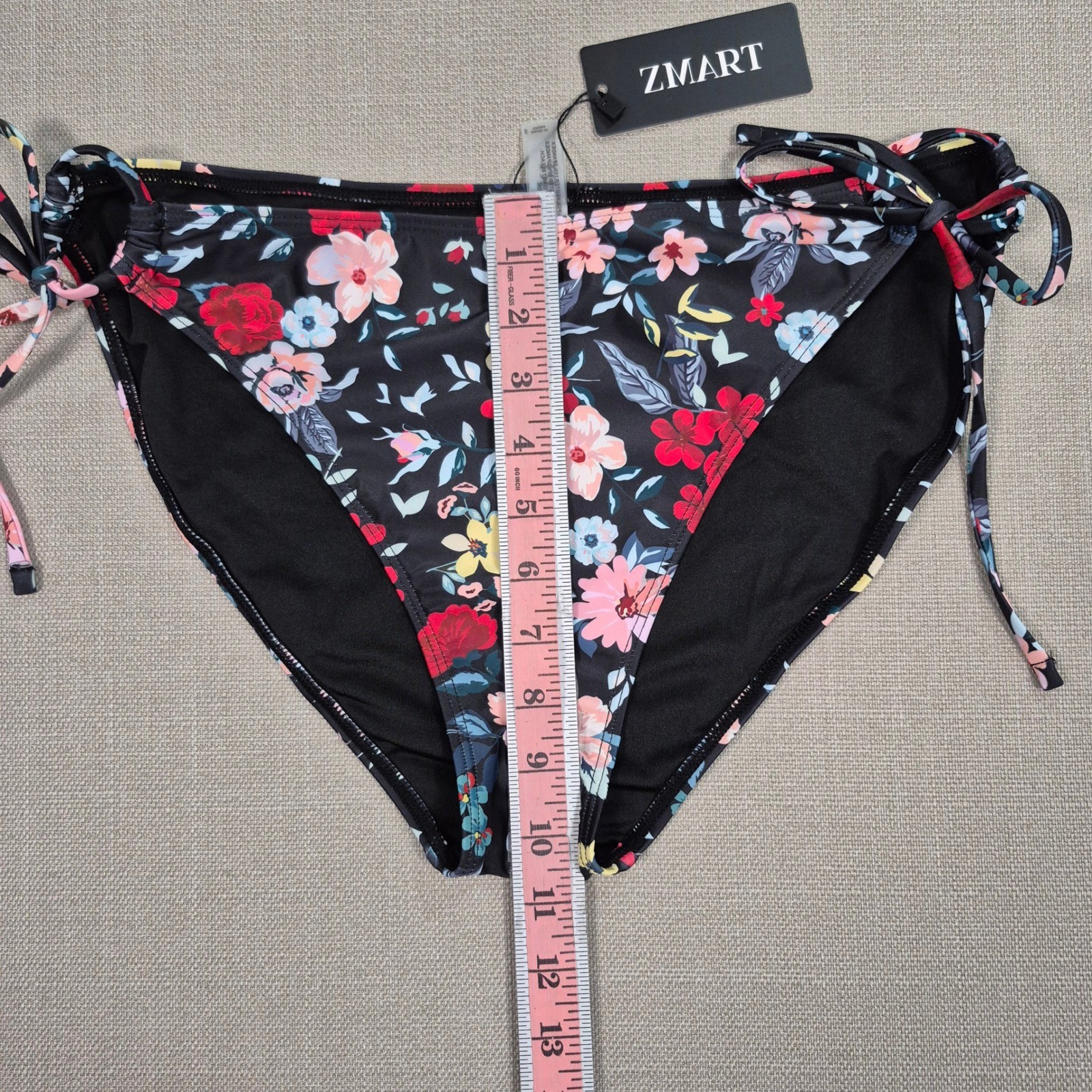 ZMART Womens Floral Side Tie Bikini Bottom Black Multi Color Mid Rise Size Large