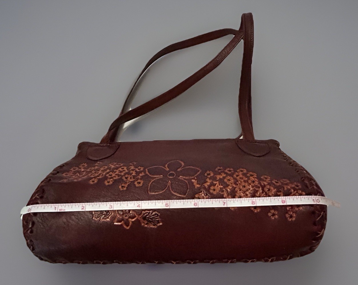 Vintage Tooled Stamped Leather Brown Hippie Purse Boho 10” X 7” X 3”