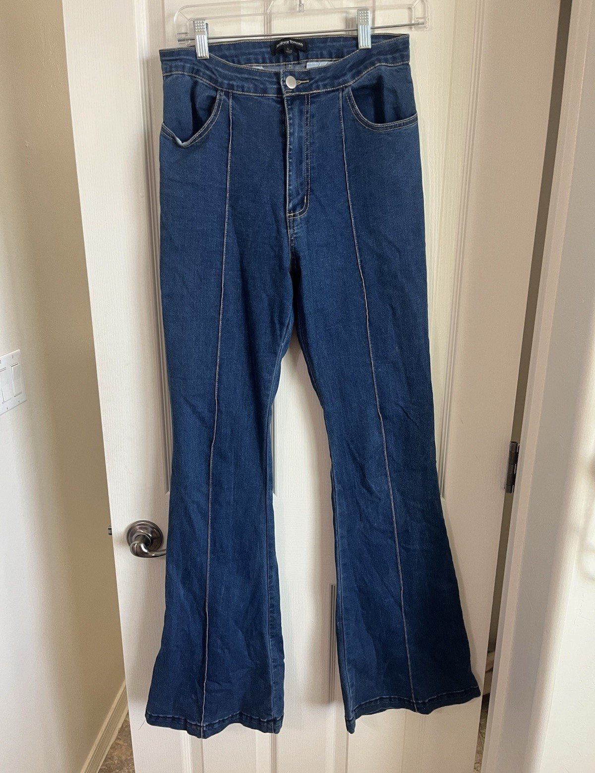 Jealous Tomato Women’s Blue Solid Denim Flared Jeans Button Closure Size L