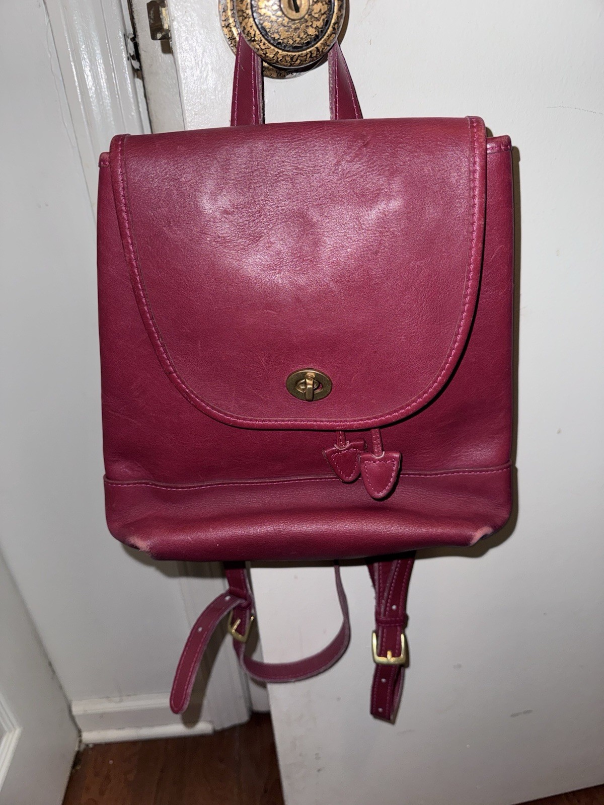 Women Cherry Backpack Turn Lock Flap Gold Hardware Buckle Accent Outer Pockets