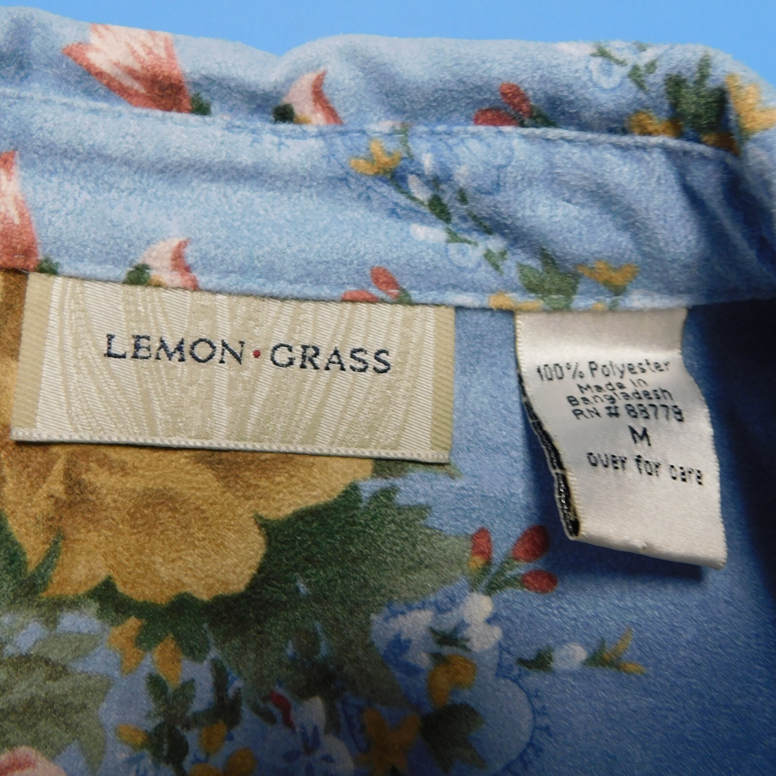 Lemon Grass Washable Suede Rose Floral Long Sleeve Button Up Shirt Blue Medium