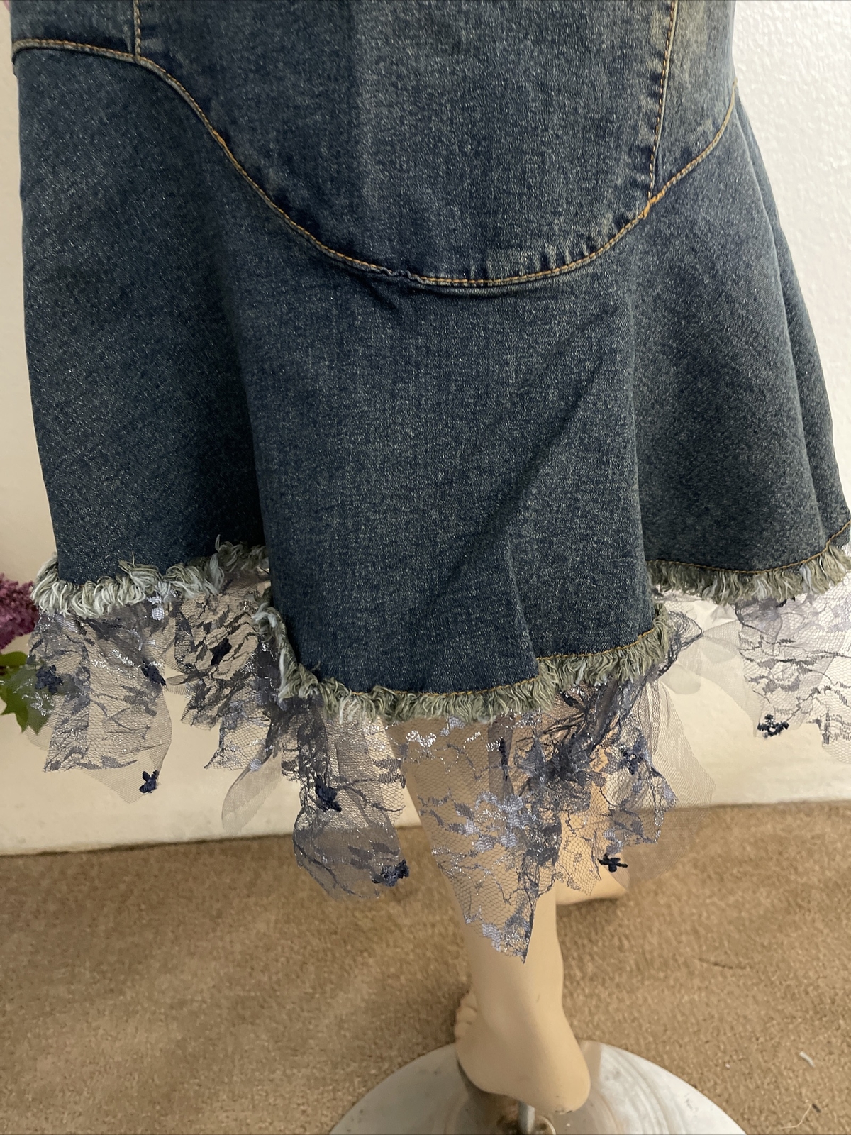 Blue Cotton Denim Beaded Embroidered Ruffles Boho Zip Size XL(10-12) Skirt 3361