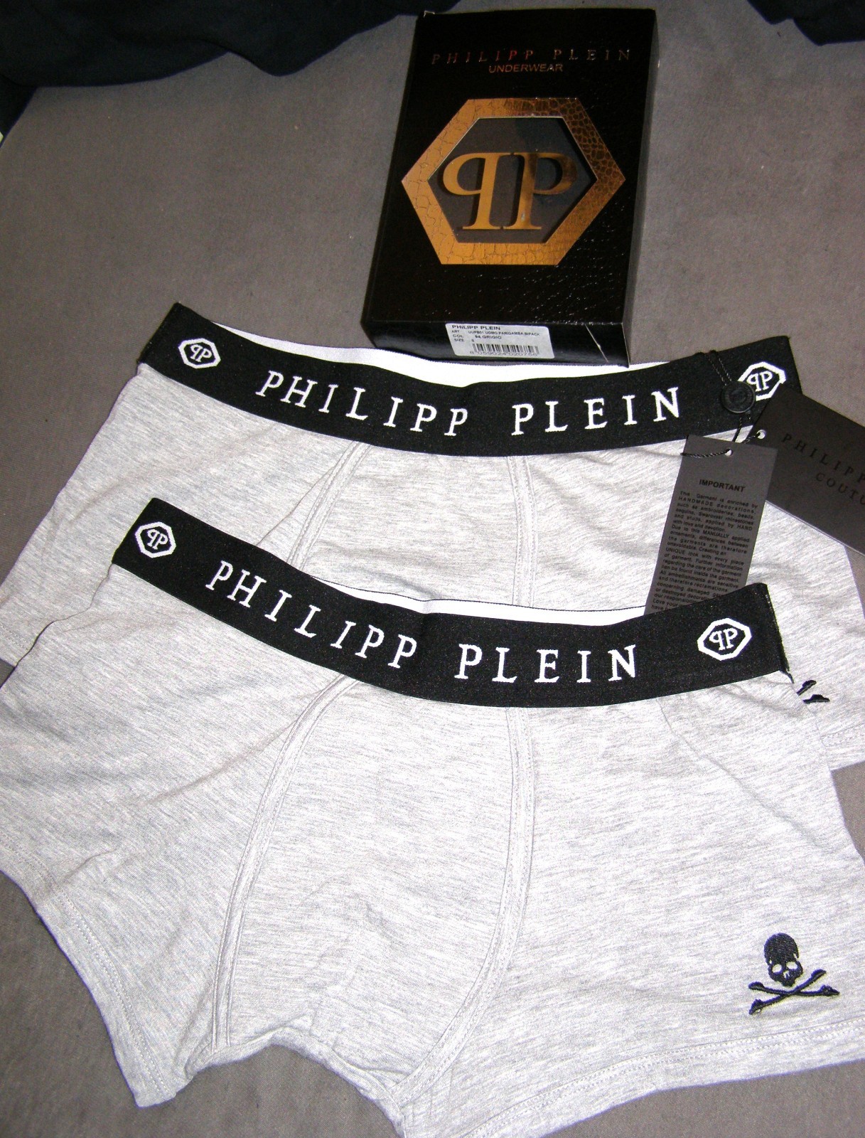 PHILIPP PLEIN Exclusive Luxury Underwear, 2 Pack Skull, GREY, Size S – NEW
