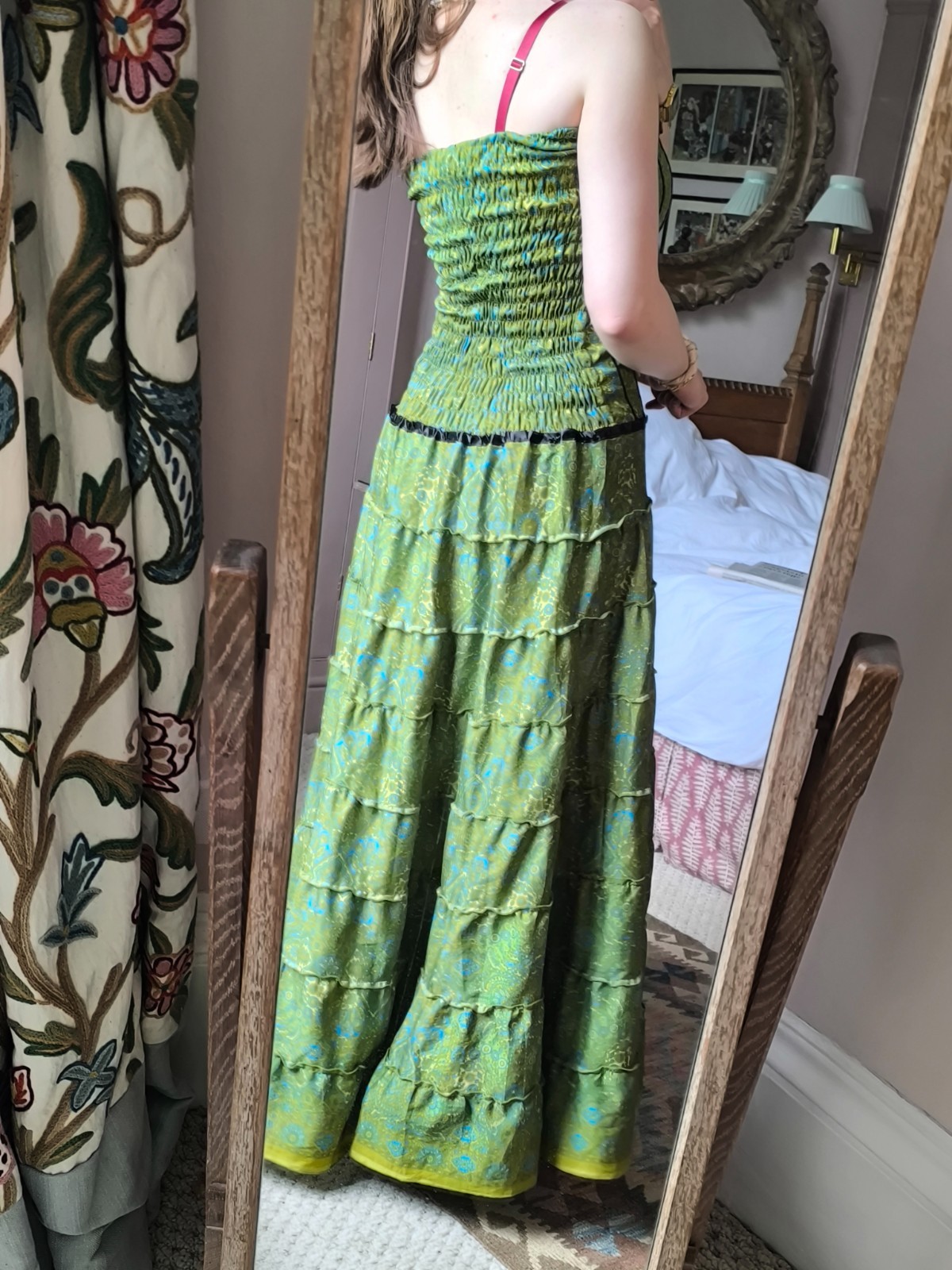Vintage Indian Strapless Sun Dress 10 12 Shirred Green Paisley Tiered Faux Silk