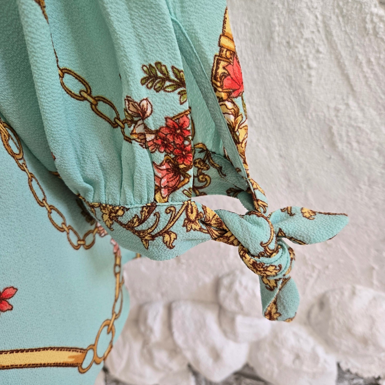 Fig and Flower Peasant Romantic Boho Floral Chain Baroque Tie Cuff Blouse Size M