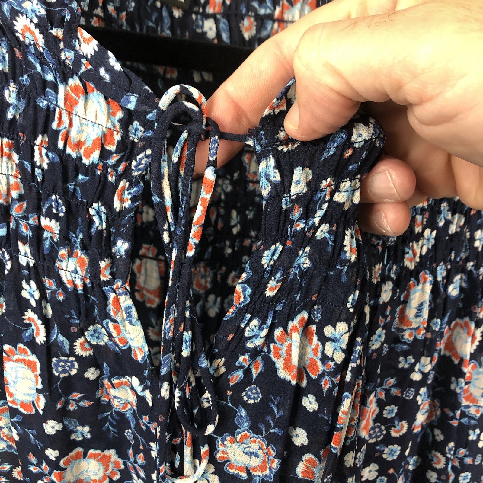 Dear John Top Womens Medium Blue Floral Sheer Smocked Flowy Boho Peasant Cottage