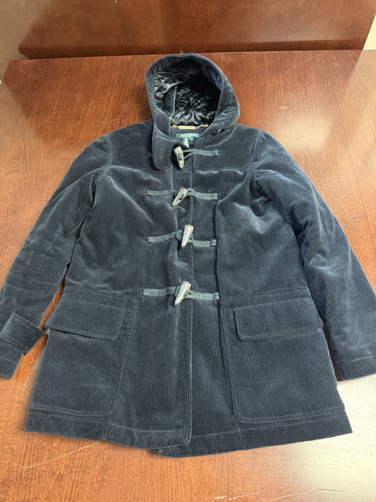 Lauren Ralph Lauren Corduroy Parka Hoodie Coat Toggle buttons blue Jacket Sz S
