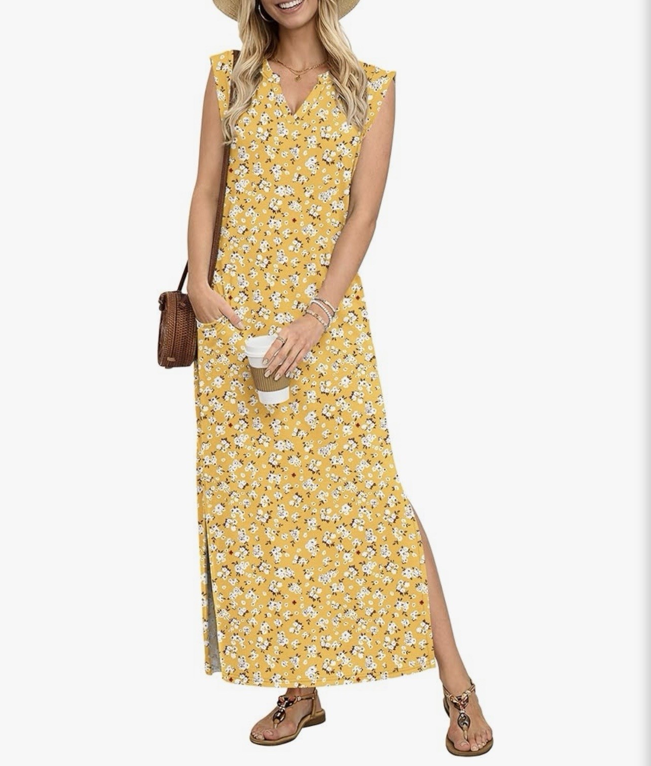 Women’s Yellow/White Floral V-Neck Sleeveless Long Maxi Dress Side Slit