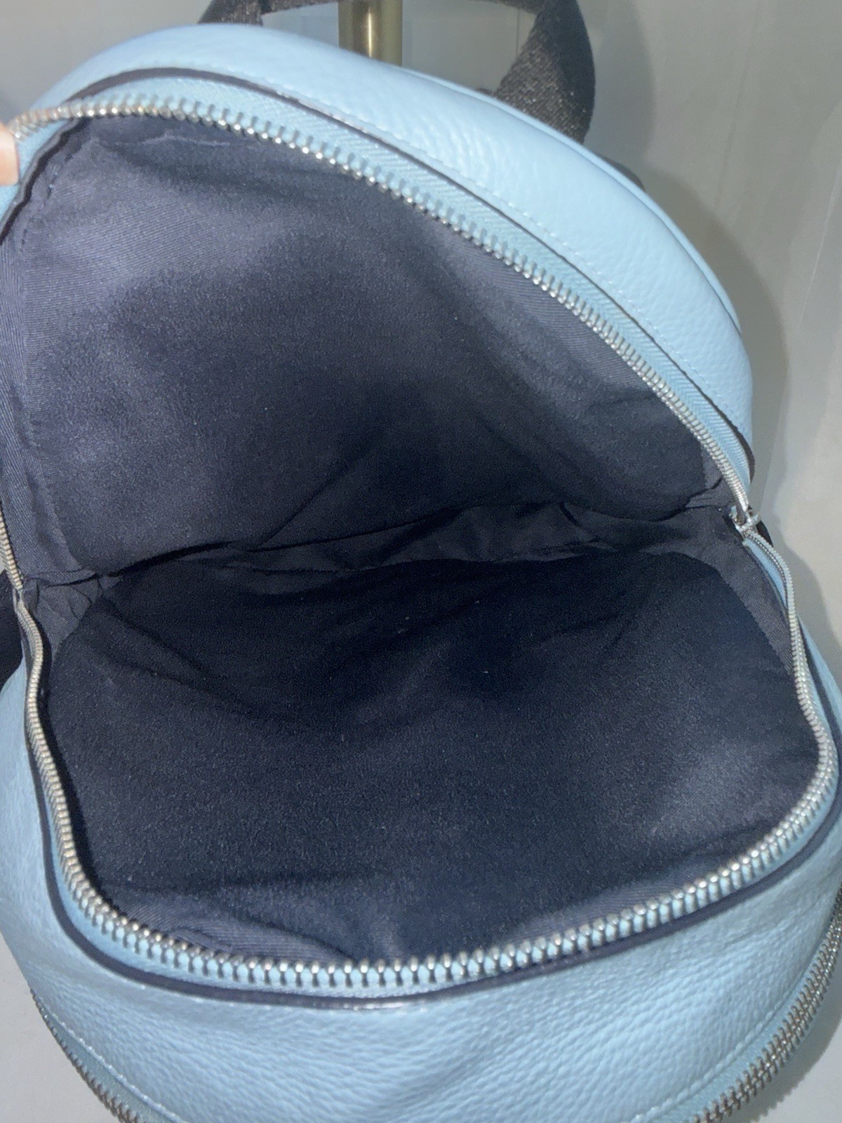 Coach Light Blue Pebbled Backpack Silver Hardware Zip Black Straps Pockets