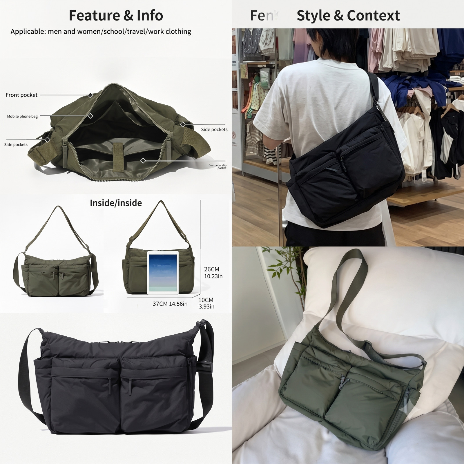 UNIQLO Casual Multi-pocket Messenger Bag Women Fashion Nylon Shoulder Bag Travel