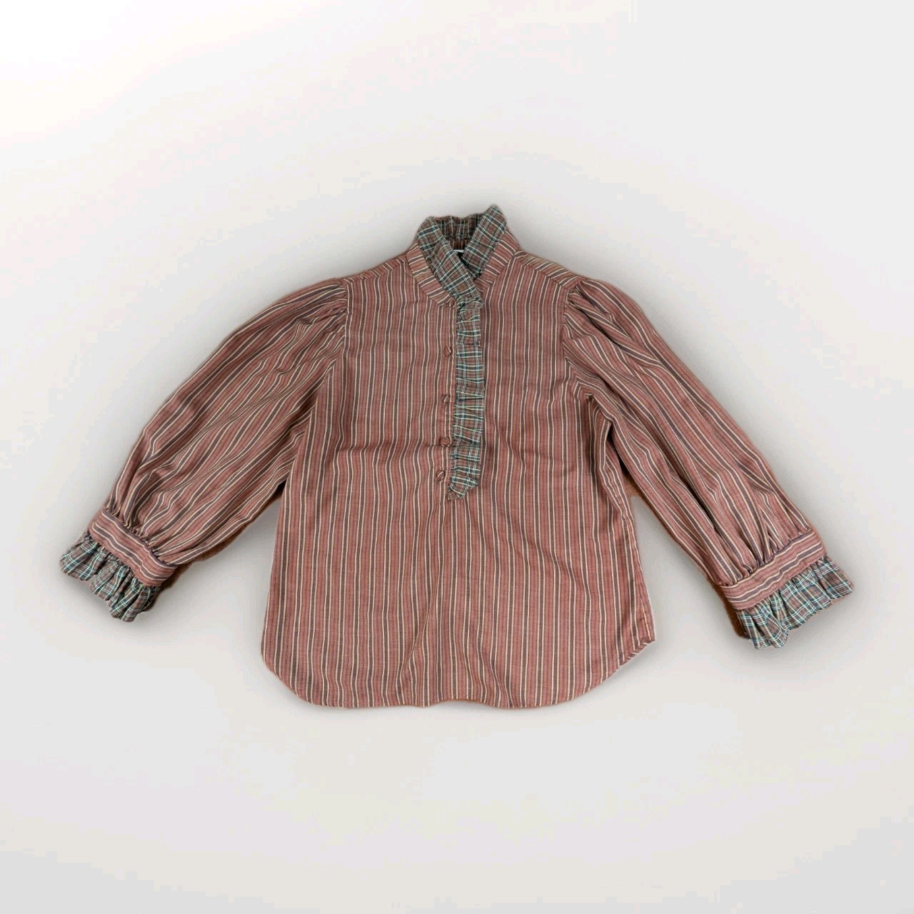 Vintage 70s Stras Teacher Retro Blouse Chic Office Button Fringe Stripes Sz S/M