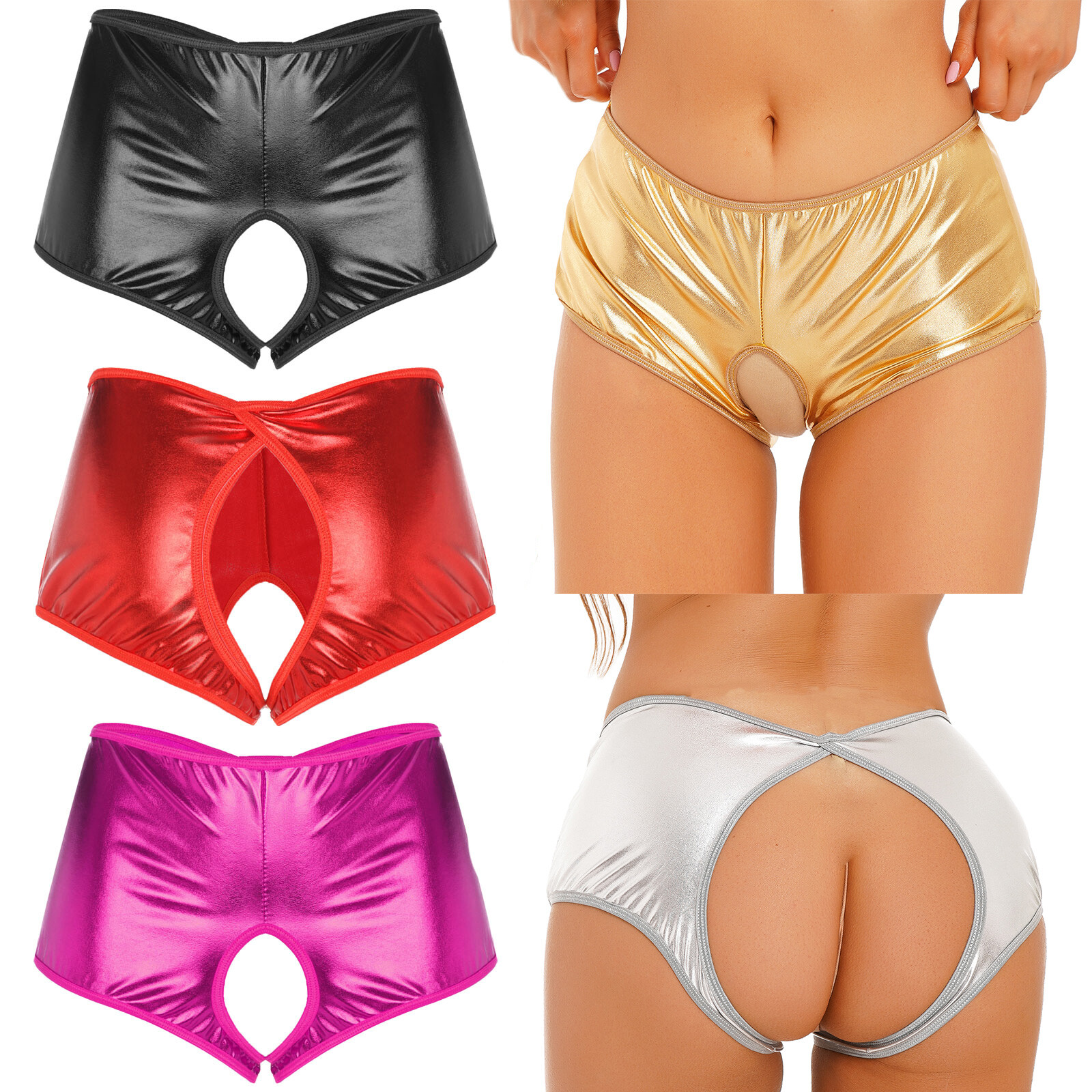 Womens Underwear Wet-look Shiny Crotch-less Low Rise Brief Panties Hot Pants