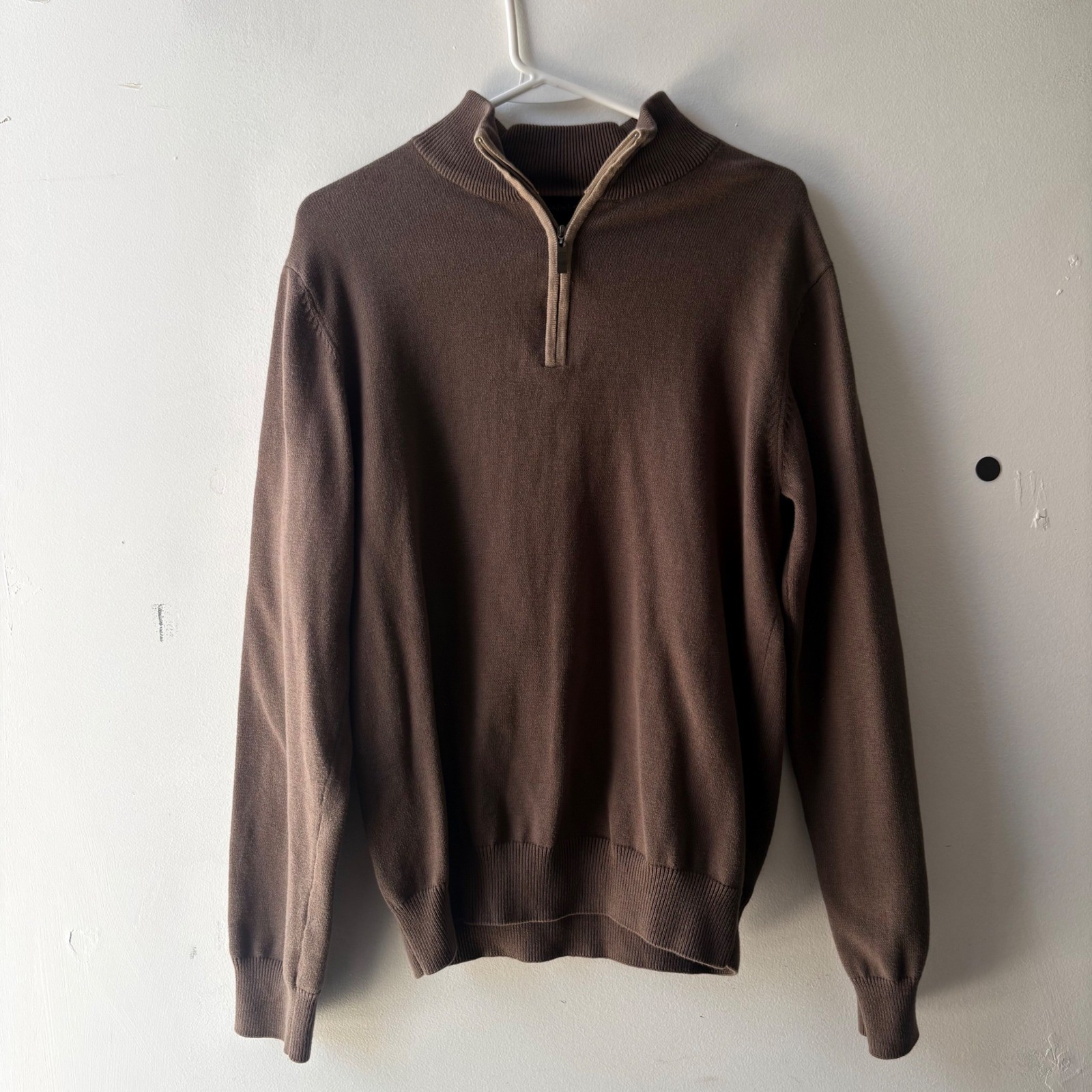 Mens Brown Quarter Zip Sweater Two Tone Tan Shoulder Stripe Pullover Knit L
