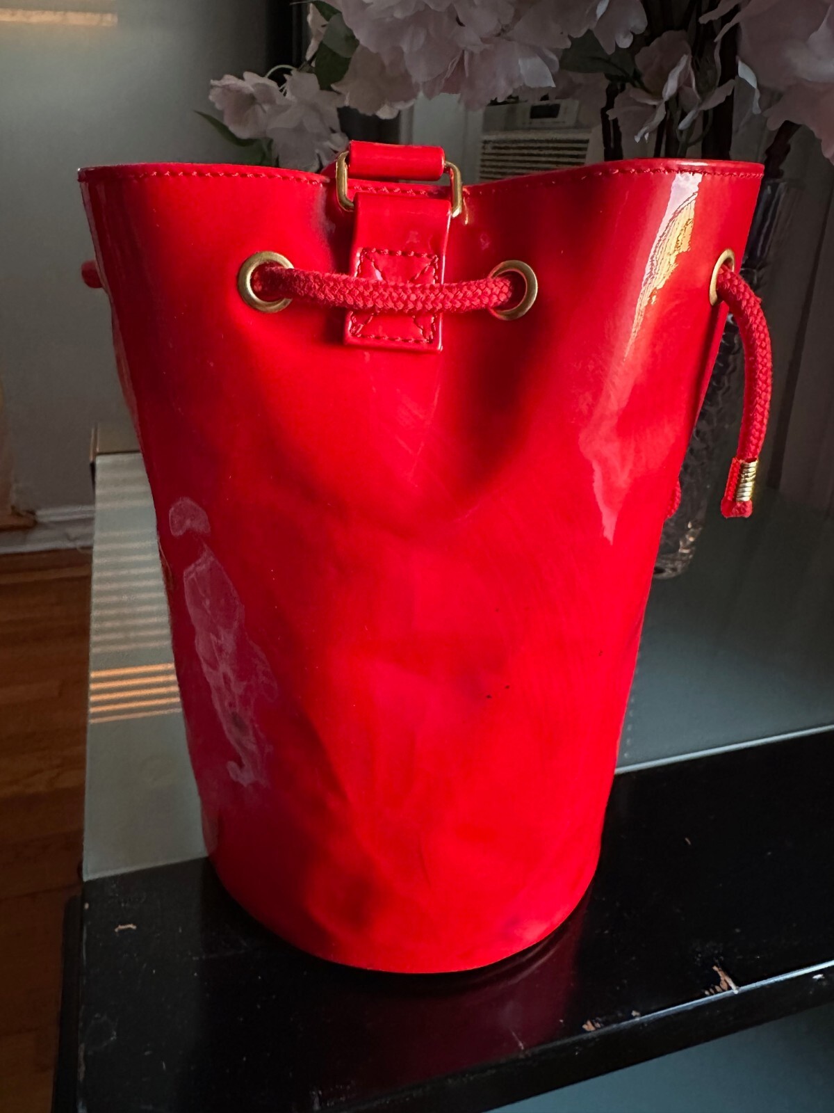 PRE-OWNED MOSCHINO BUCKET HANDBAG MADE IN ITALY BY REDWALL COLOR RED PVC PATENT