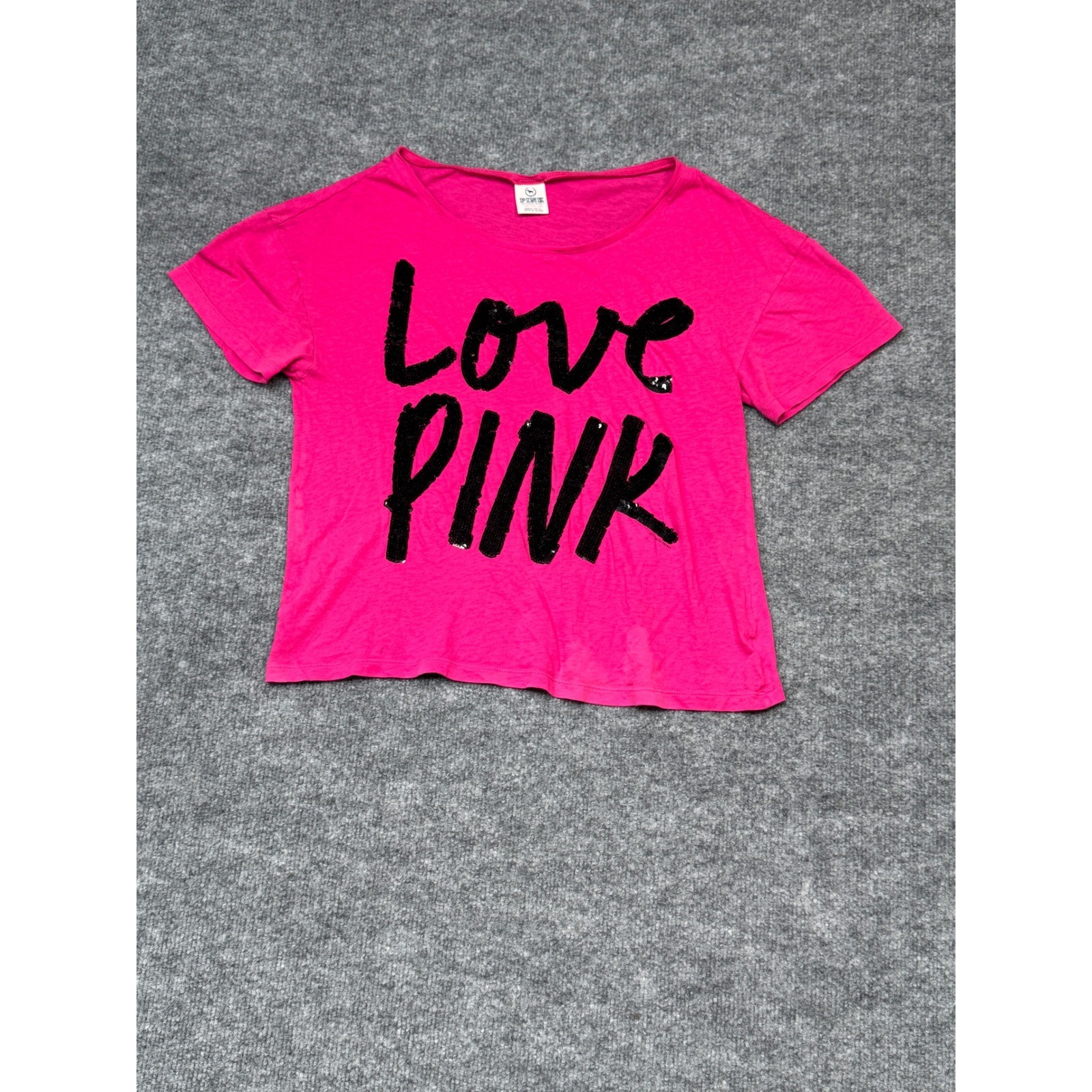 Victoria’s Secret PINK Love Pink Sequin Logo Tee XS Pink Crop Top