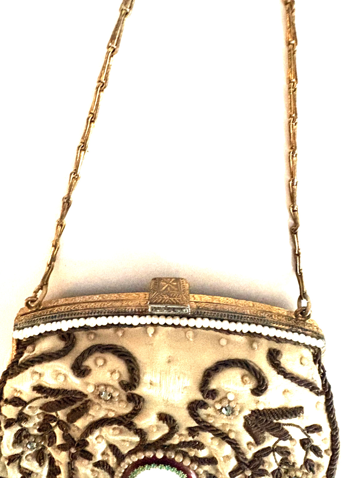 French Victorian Cameo TRINITY BAG Copper Beaded w/Pearls/Copper Metallic Thread
