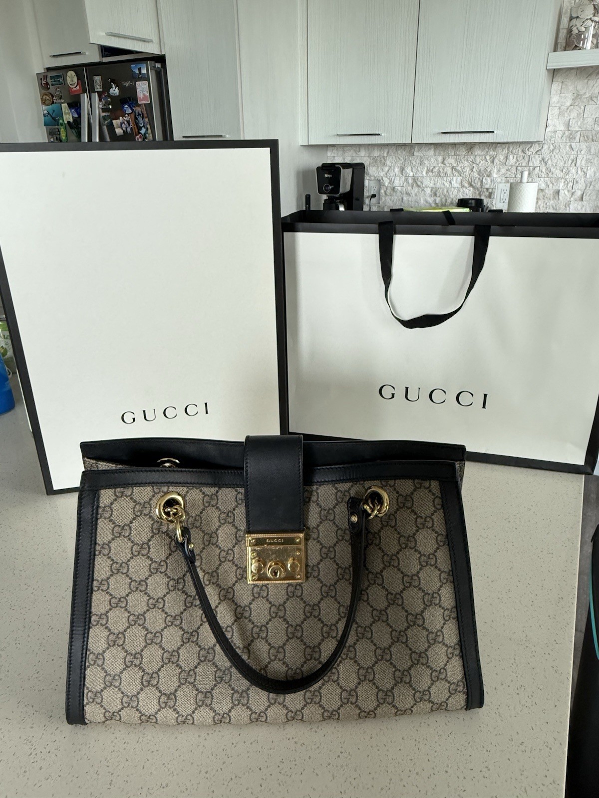 Gucci GG Padlock Medium Top Handle Bag Beige Black Gold Lock Chain Strap