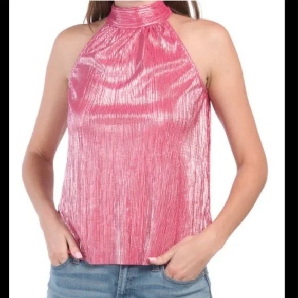 CECE Pink Metallic Pleated Halter Shimmer Party Date Nite Top with Back Bow Sz L