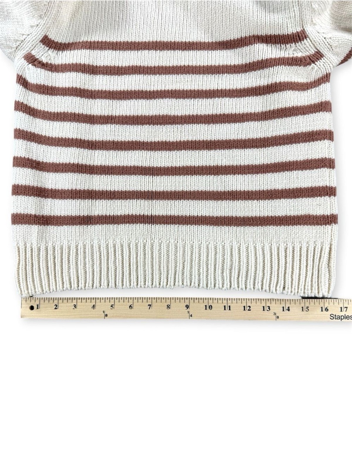 Faherty Cream and Brown Cuddle Striped Crew Neck Cozy Knit Sweater – Size Small