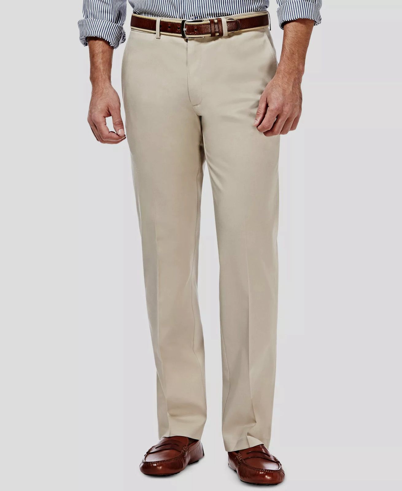 Haggar Men’s Beige Premium Khaki Straight-Fit Stretch Flat-Front Pants 30W x 30L