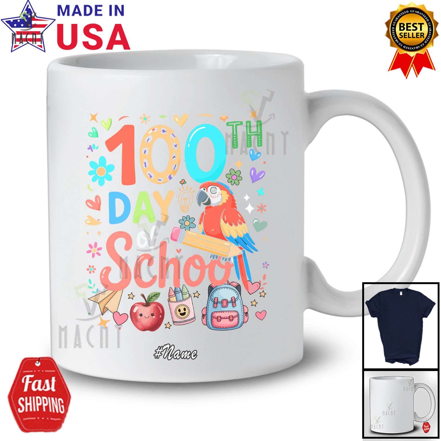 Custom Name 100th Day Of School; Adorable Macaw Pencil; Teacher Students Shirt