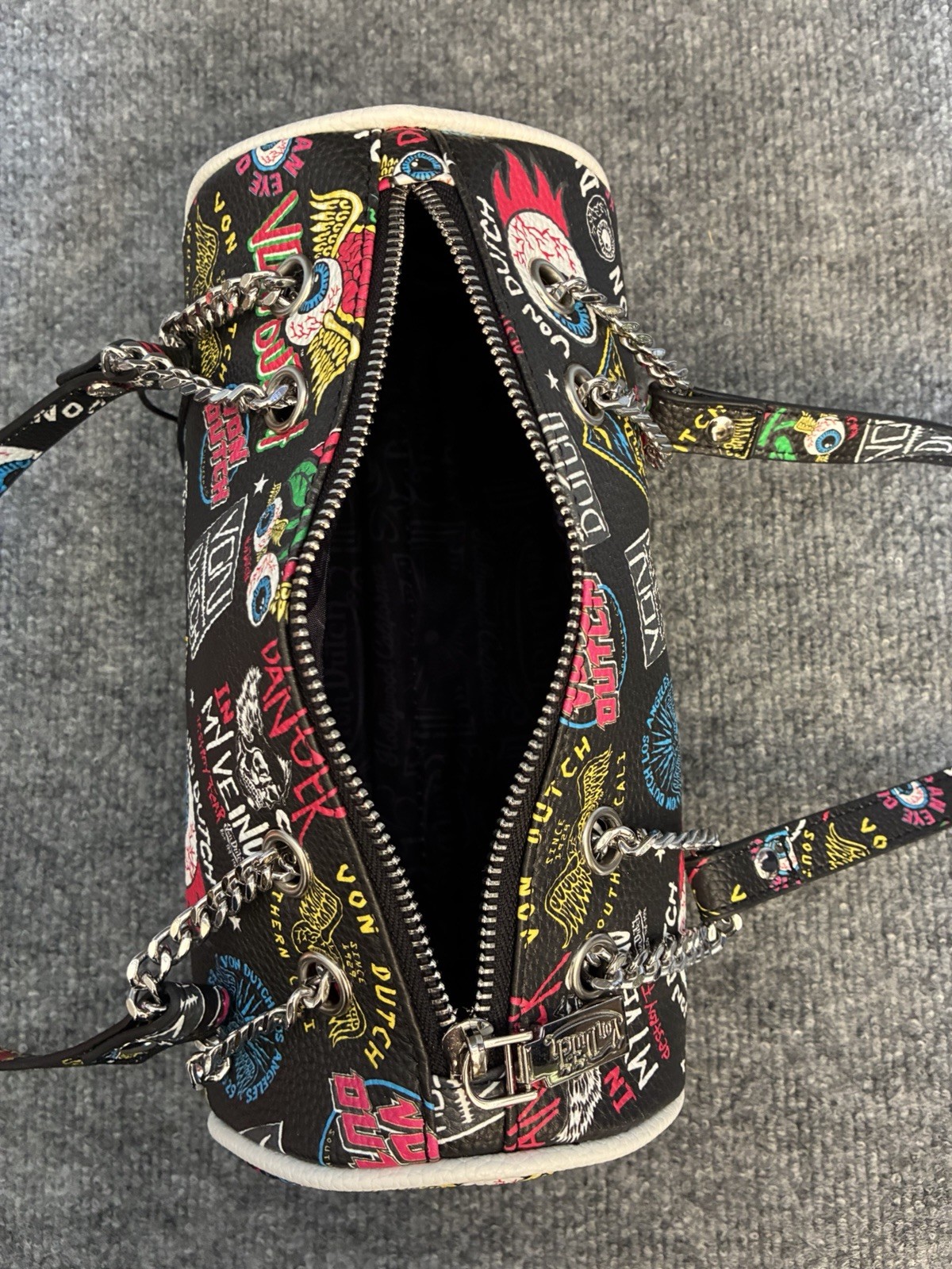 Von Dutch Black/Multicolor Logo Print Cylinder Crossbody Bag Zip Top Chain Strap
