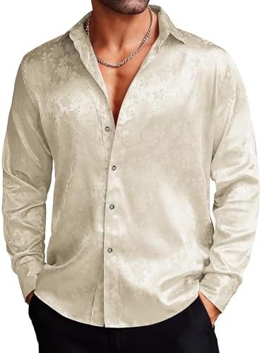 COOFANDY Men’s Silk Satin Dress Shirts Jacquard Long Sleeve Floral Button Up …