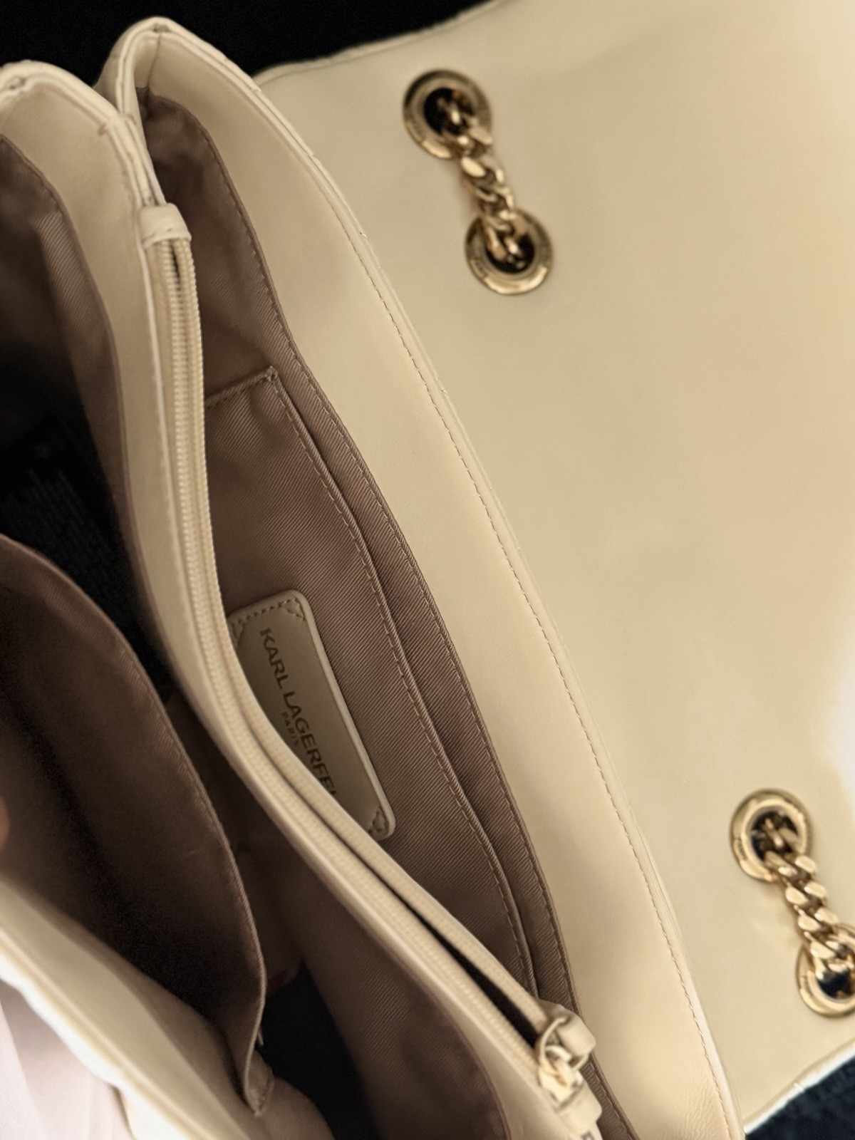 KARL LAGERFELD PARIS Cream Quilted Genuine Leather Shoulder Bag Gold Chain