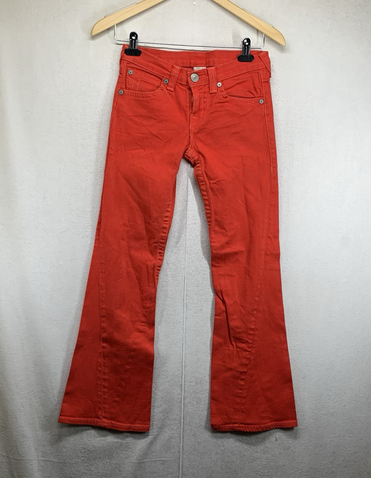 True Religion Girls Joey Jeans 12 Rope Stitch Y2K Flap Pocket Fade Red FLAWS