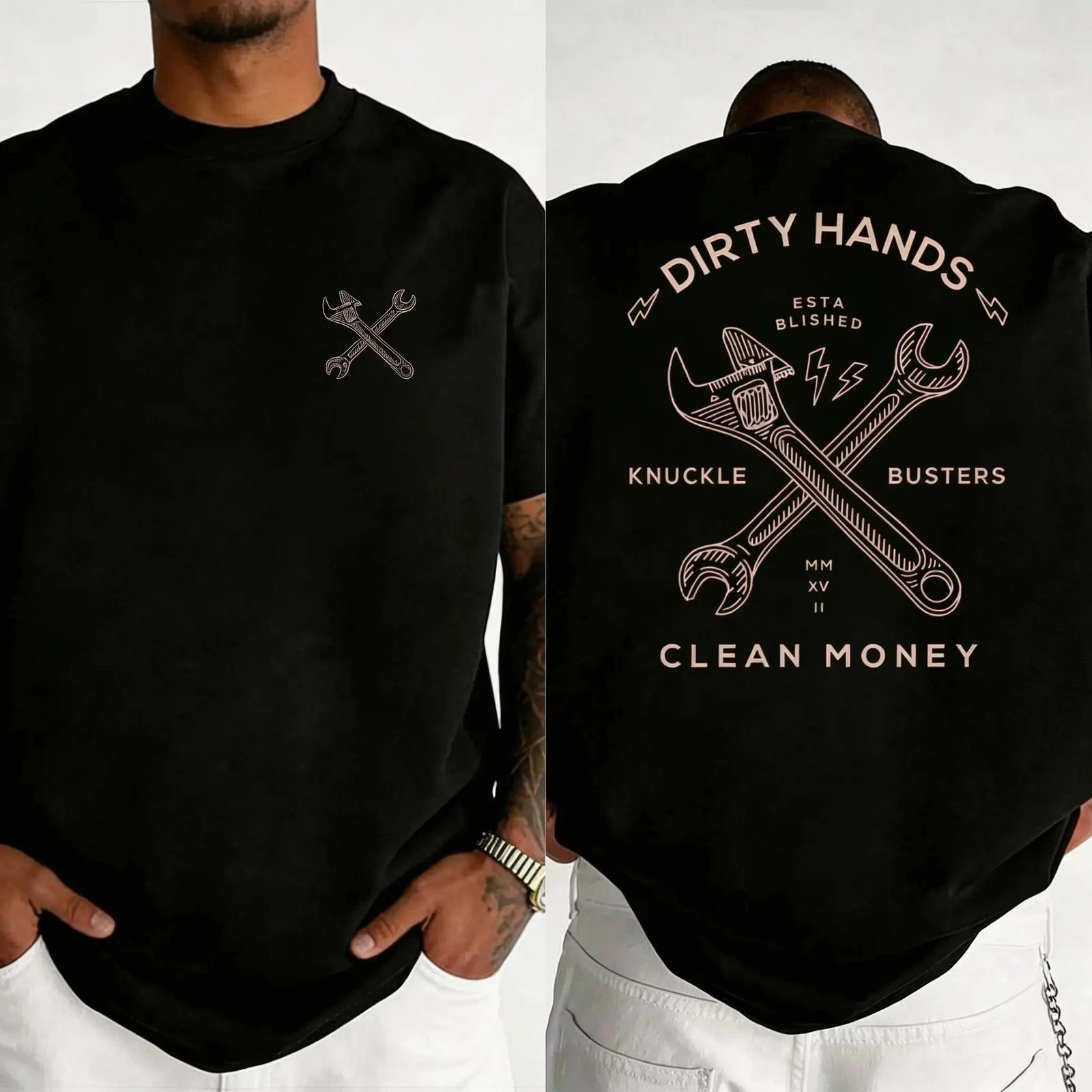 Dirty Hands, Clean Money wrench graphic t-shirt, workwear-style graphic print