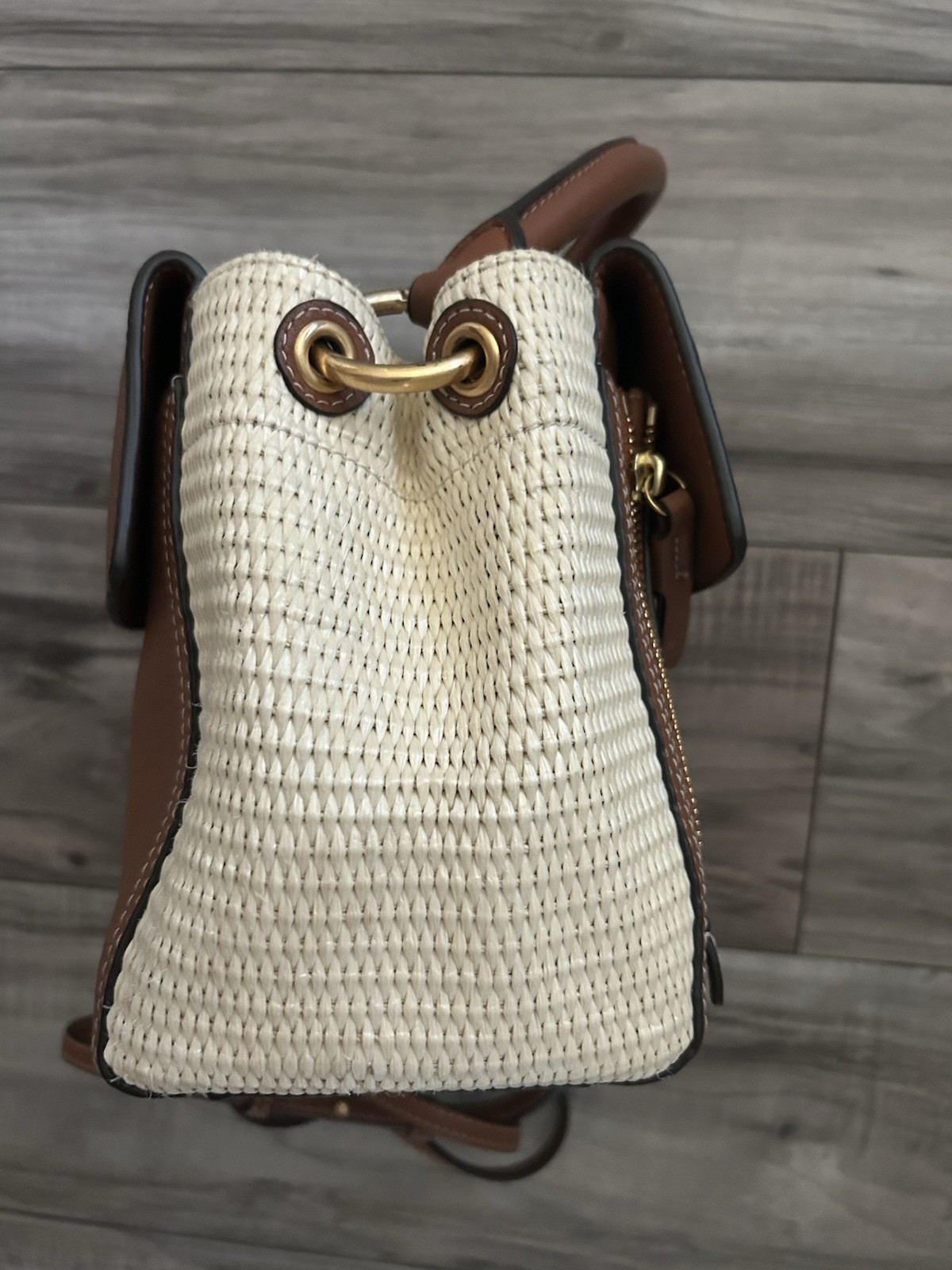 Tory Burch Half Moon Small Raffia Leather Handbag Resort Bag