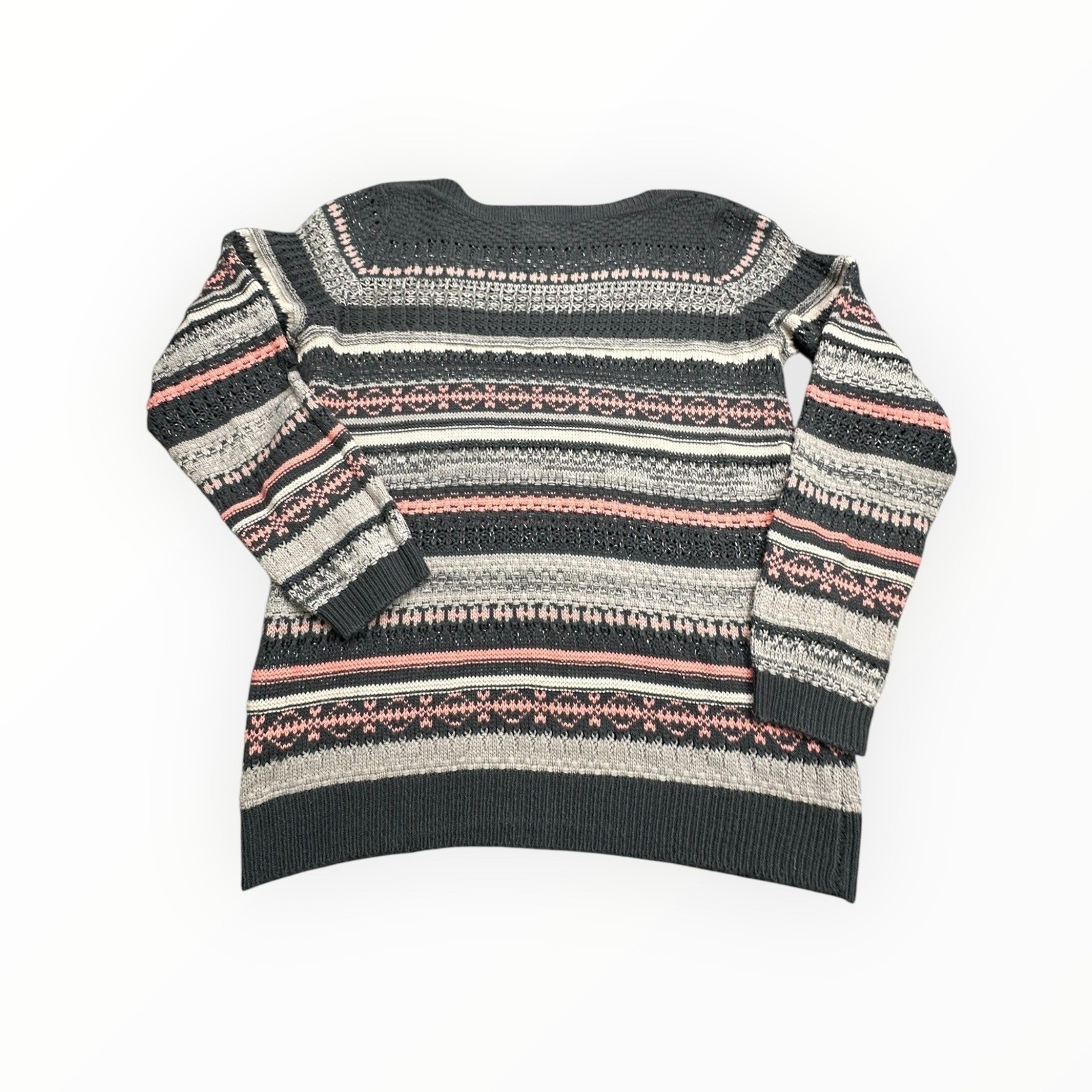 Debbie Morgan Womens XL Fair Isle Metallic Knit Sweater Gray Pink Striped L/S