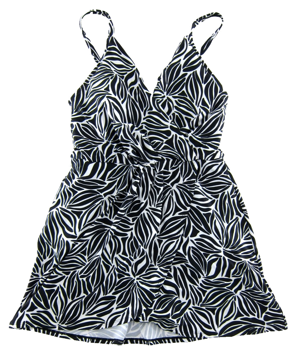 Lands End Classic Black White Floral Built In Bra Slimming Swimsuit Swimdress M