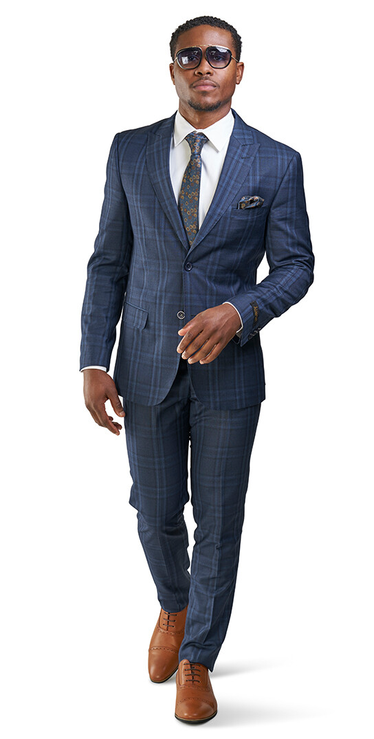 Slim Fit 2 Button Navy Blue Windowpane Plaid Mens Suit Peak Lapel 35071 AZARMAN