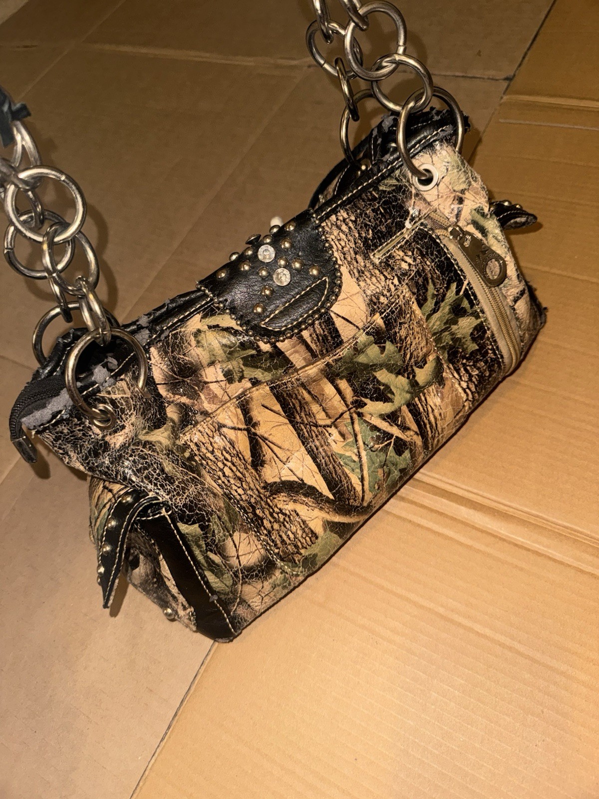 Montana West Camo Studded Western Shoulder Bag w/ Cross Charm Zip Lined Pockets