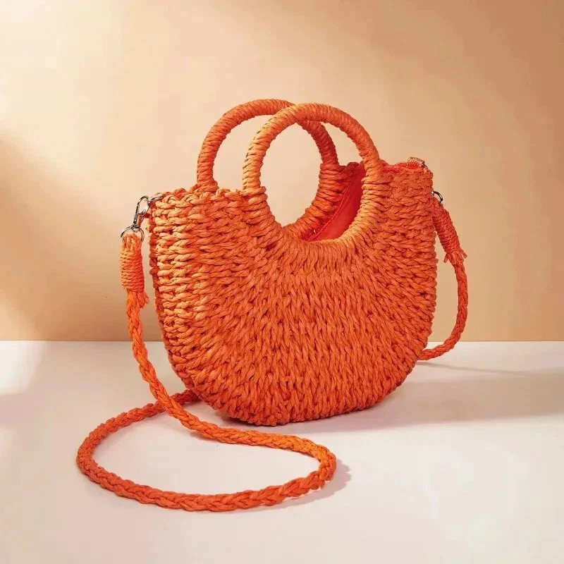 Handwoven Straw Rattan Half-Moon Beach Handbag Large Capacity Women Summer